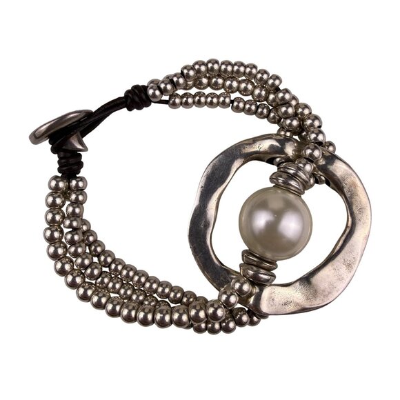 Uno De 50 Womens Silver Tone & Leather Beaded Faux Pearl Bracelet